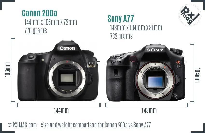 Canon 20Da vs Sony A77 size comparison