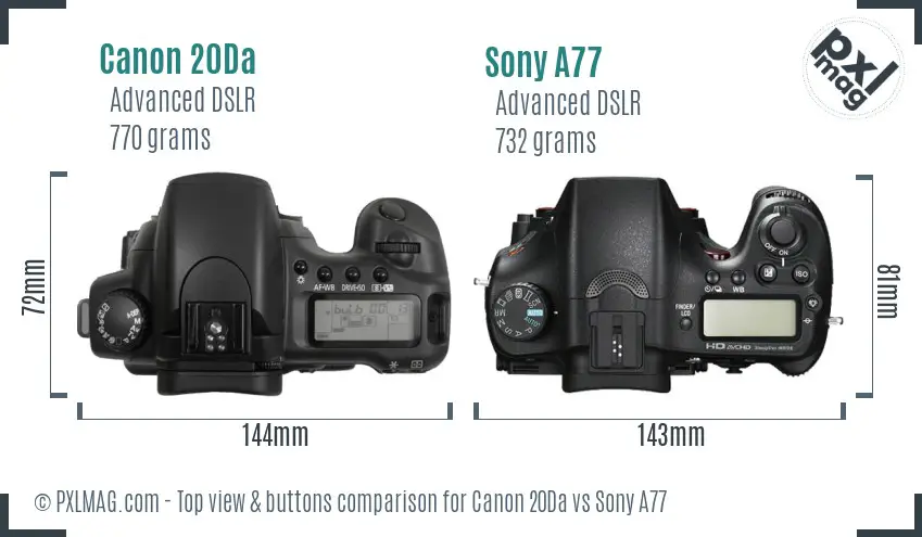 Canon 20Da vs Sony A77 top view buttons comparison
