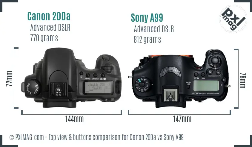 Canon 20Da vs Sony A99 top view buttons comparison