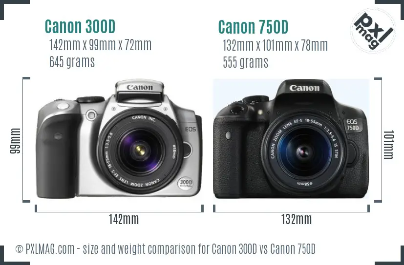 Canon 300D vs Canon 750D size comparison