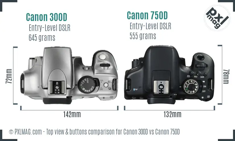 Canon 300D vs Canon 750D top view buttons comparison