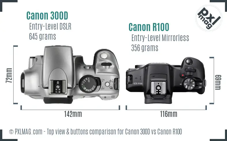 Canon 300D vs Canon R100 top view buttons comparison Canon 300D vs Canon R100 top view buttons comparison
