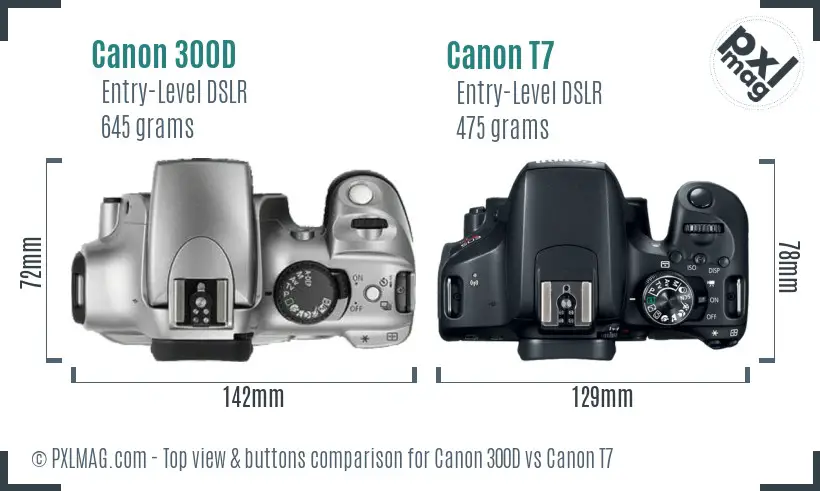 Canon 300D vs Canon T7 top view buttons comparison