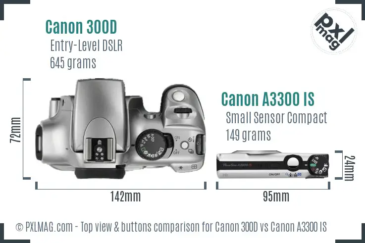 Canon 300D vs Canon A3300 IS top view buttons comparison
