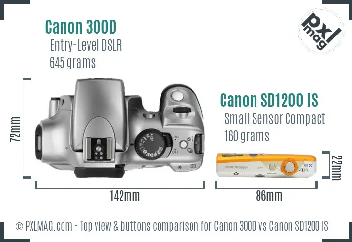 Canon 300D vs Canon SD1200 IS top view buttons comparison