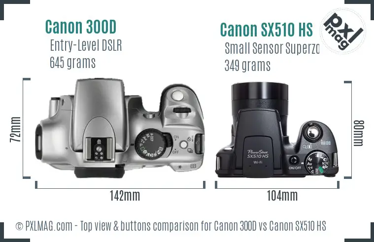 Canon 300D vs Canon SX510 HS top view buttons comparison