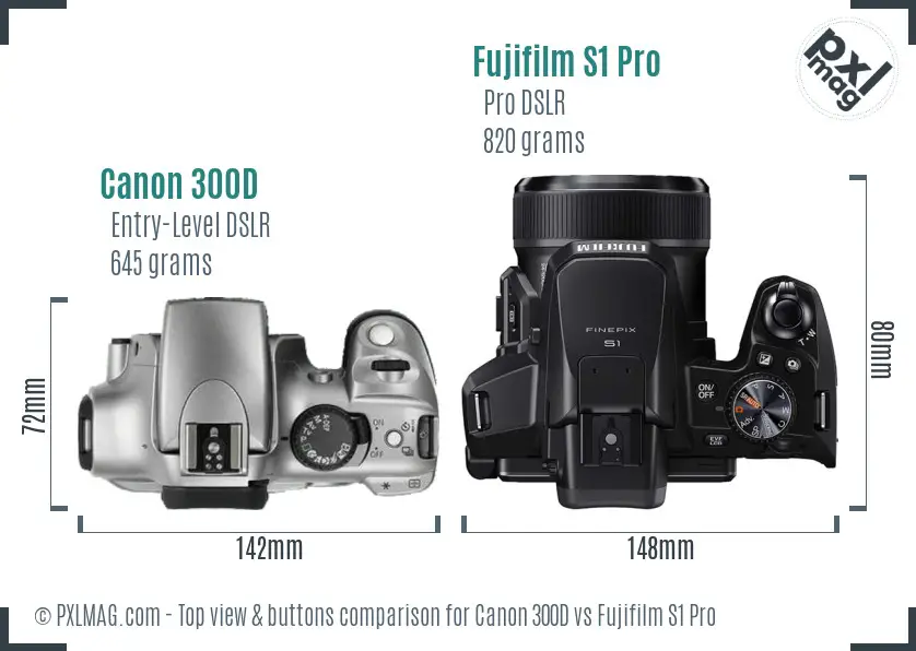 Canon 300D vs Fujifilm S1 Pro top view buttons comparison
