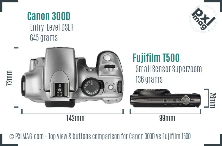 Canon 300D vs Fujifilm T500 top view buttons comparison