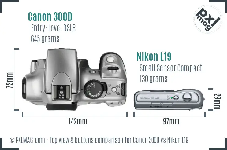 Canon 300D vs Nikon L19 top view buttons comparison