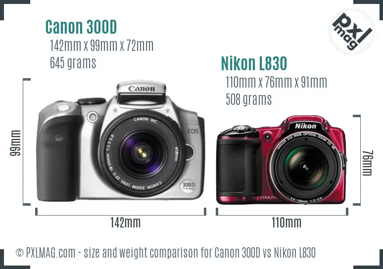 Canon 300D vs Nikon L830 size comparison