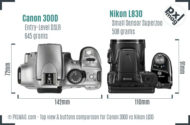 Canon 300D vs Nikon L830 top view buttons comparison
