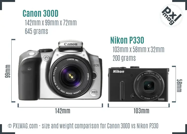 Canon 300D vs Nikon P330 size comparison