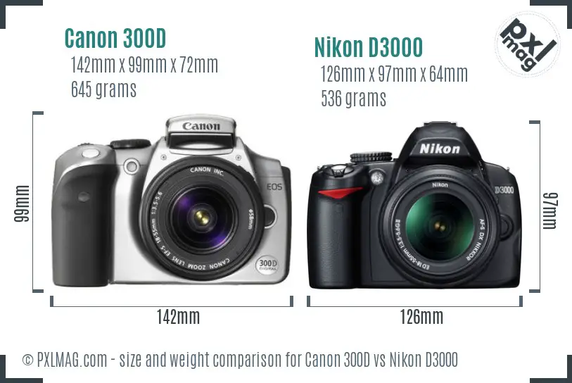 Canon 300D vs Nikon D3000 size comparison