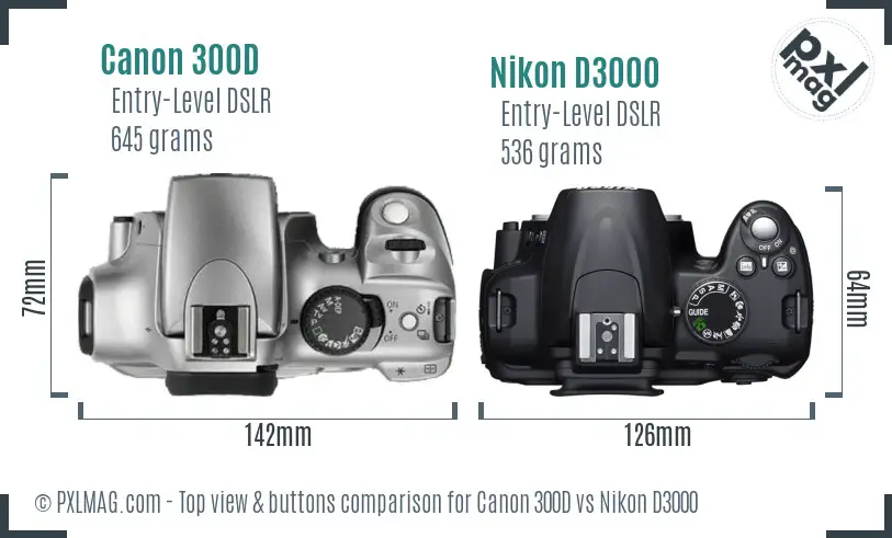 Canon 300D vs Nikon D3000 top view buttons comparison