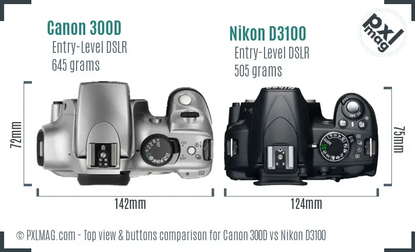 Canon 300D vs Nikon D3100 top view buttons comparison
