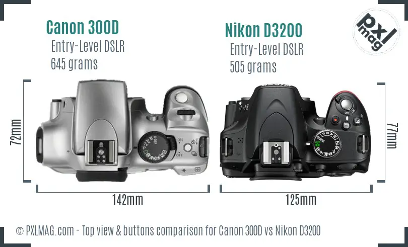 Canon 300D vs Nikon D3200 top view buttons comparison