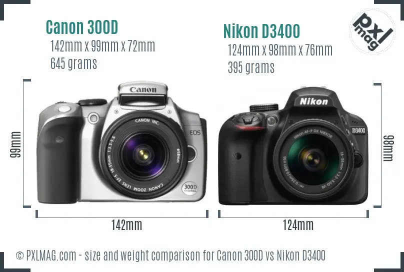 Canon 300D vs Nikon D3400 size comparison