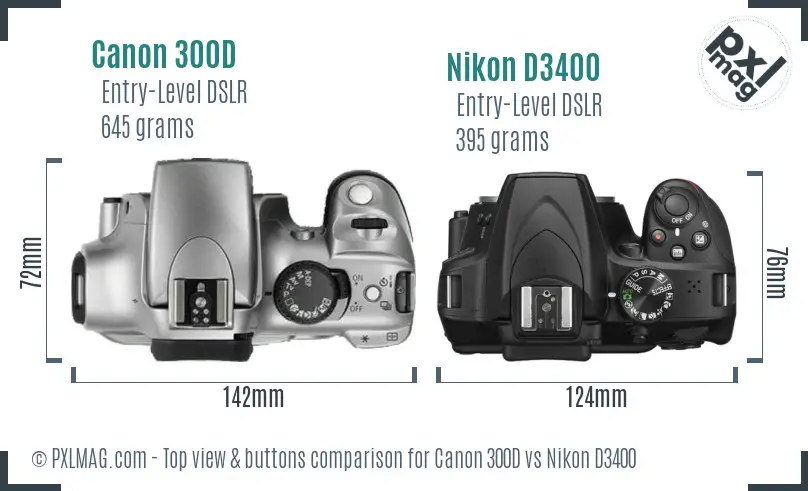 Canon 300D vs Nikon D3400 top view buttons comparison