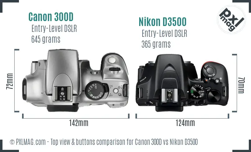 Canon 300D vs Nikon D3500 top view buttons comparison
