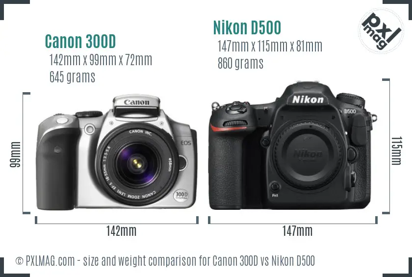 Canon 300D vs Nikon D500 size comparison