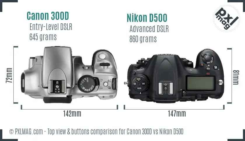 Canon 300D vs Nikon D500 top view buttons comparison