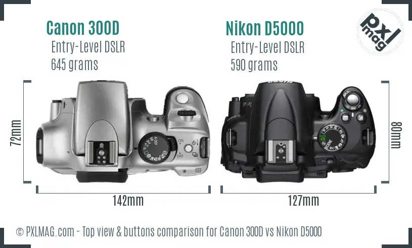Canon 300D vs Nikon D5000 top view buttons comparison