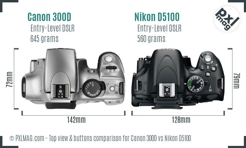 Canon 300D vs Nikon D5100 top view buttons comparison