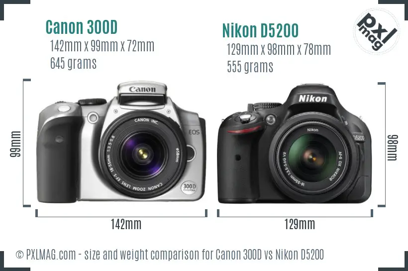 Canon 300D vs Nikon D5200 size comparison