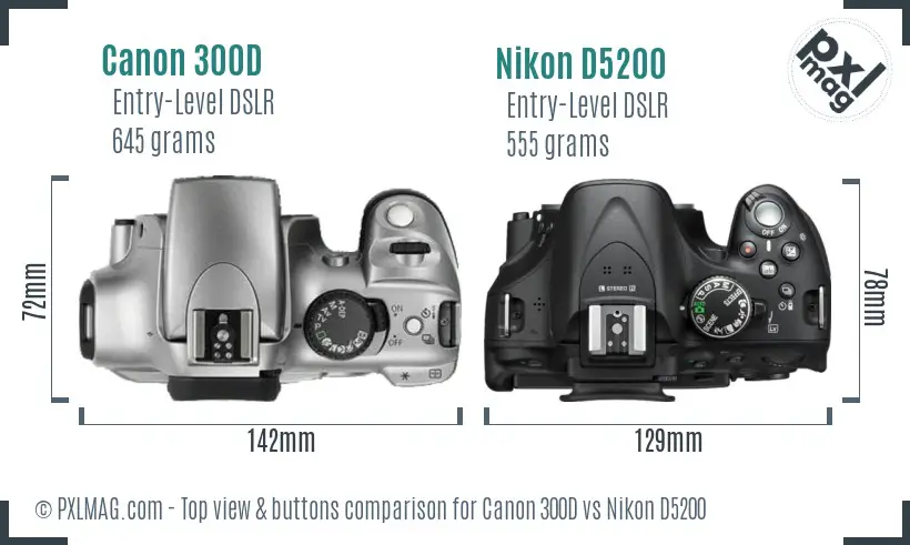 Canon 300D vs Nikon D5200 top view buttons comparison