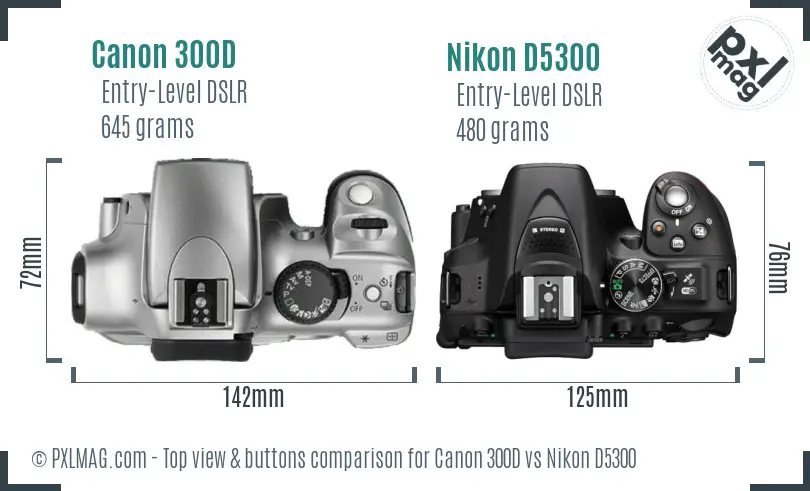 Canon 300D vs Nikon D5300 top view buttons comparison