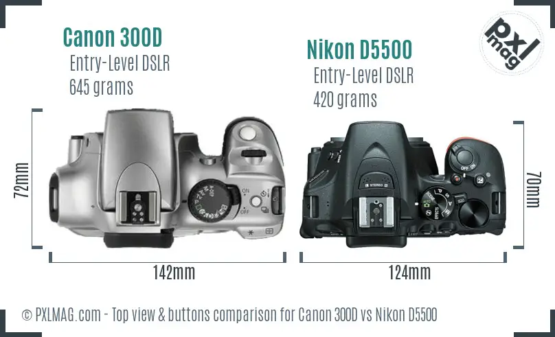 Canon 300D vs Nikon D5500 top view buttons comparison