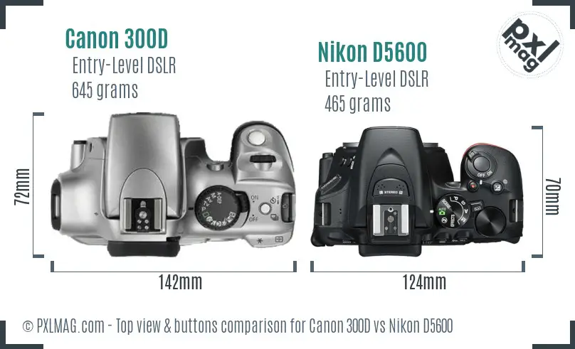 Canon 300D vs Nikon D5600 top view buttons comparison