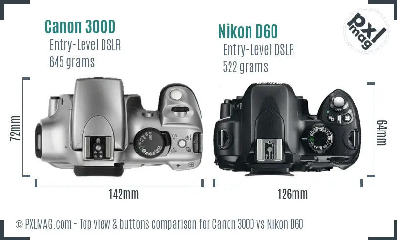 Canon 300D vs Nikon D60 top view buttons comparison