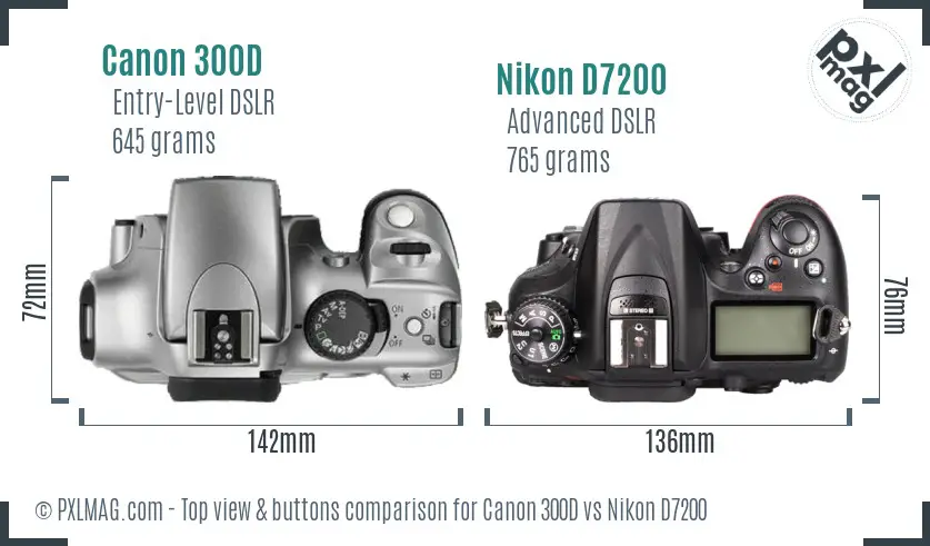 Canon 300D vs Nikon D7200 top view buttons comparison
