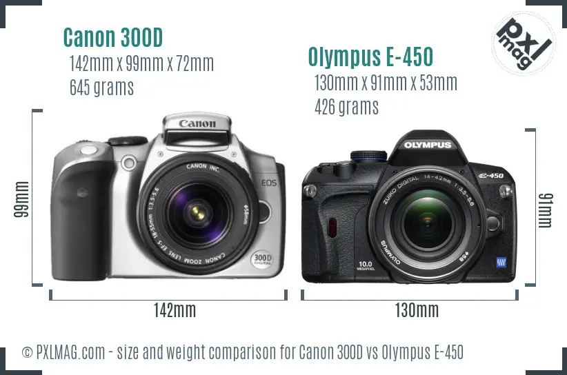Canon 300D vs Olympus E-450 size comparison