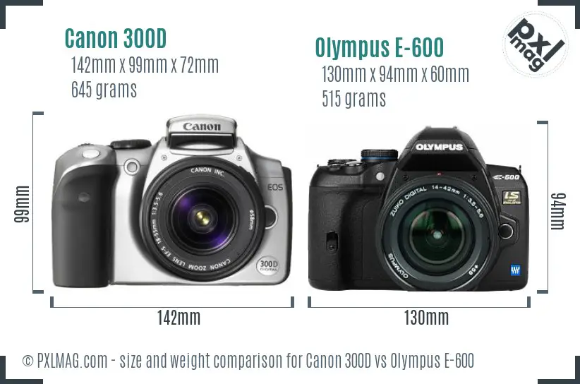 Canon 300D vs Olympus E-600 size comparison
