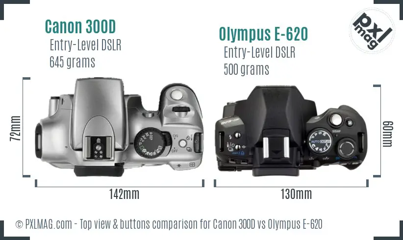 Canon 300D vs Olympus E-620 top view buttons comparison