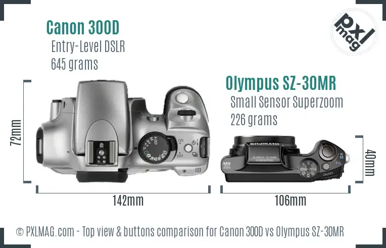 Canon 300D vs Olympus SZ-30MR top view buttons comparison