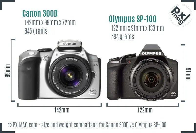 Canon 300D vs Olympus SP-100 size comparison