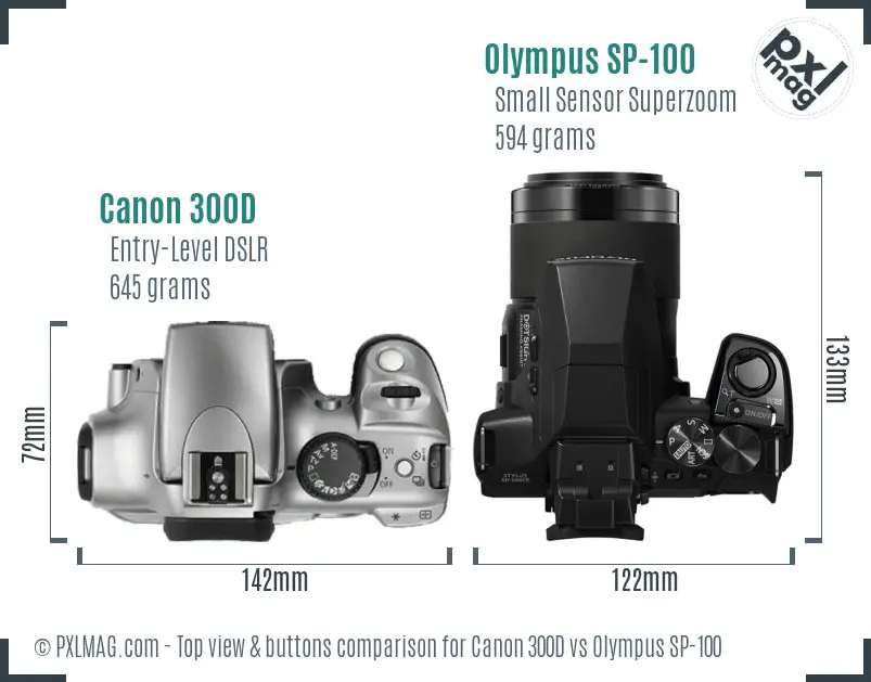 Canon 300D vs Olympus SP-100 top view buttons comparison