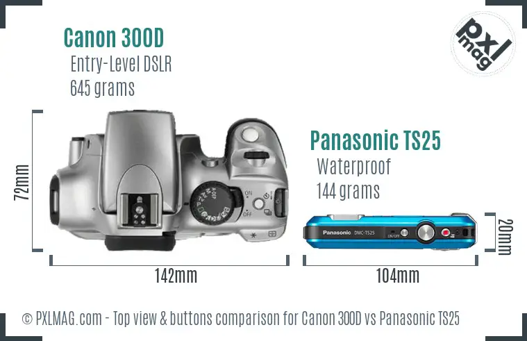 Canon 300D vs Panasonic TS25 top view buttons comparison