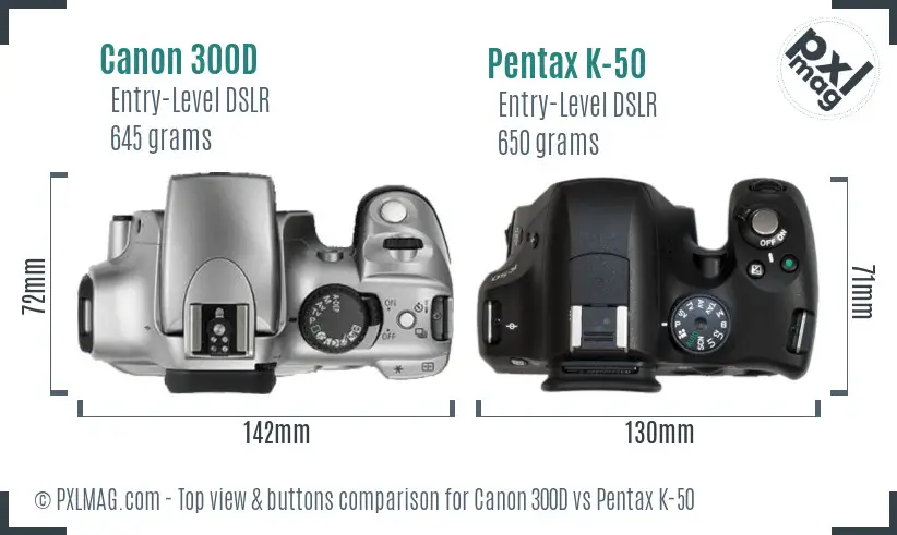 Canon 300D vs Pentax K-50 top view buttons comparison