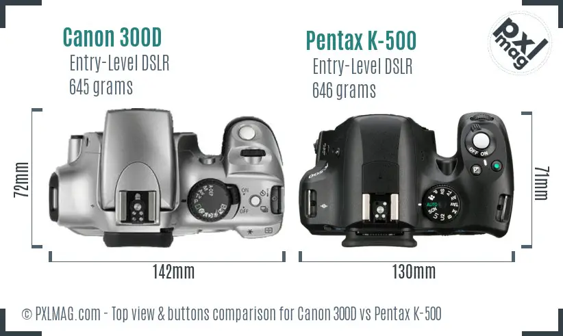 Canon 300D vs Pentax K-500 top view buttons comparison