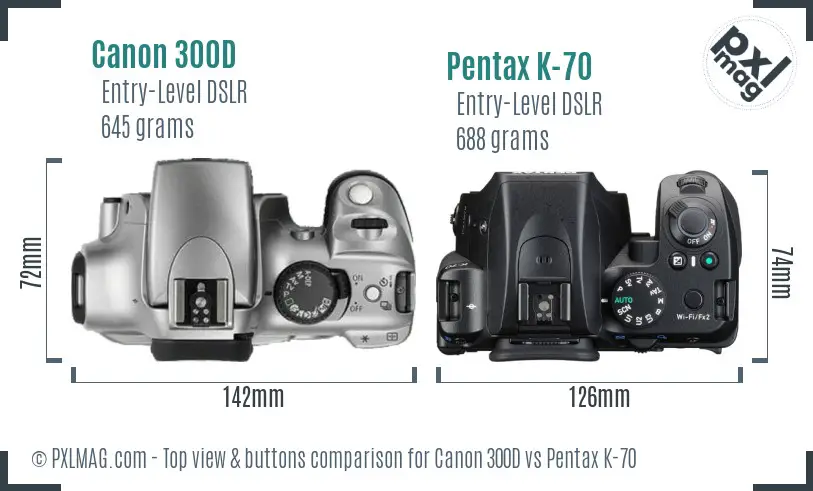 Canon 300D vs Pentax K-70 top view buttons comparison