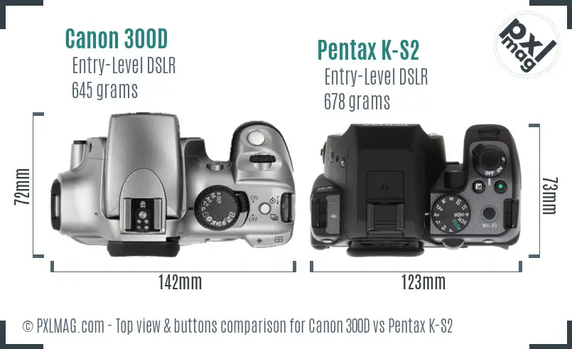 Canon 300D vs Pentax K-S2 top view buttons comparison