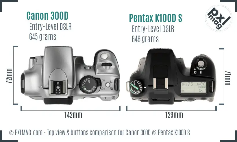 Canon 300D vs Pentax K100D S top view buttons comparison