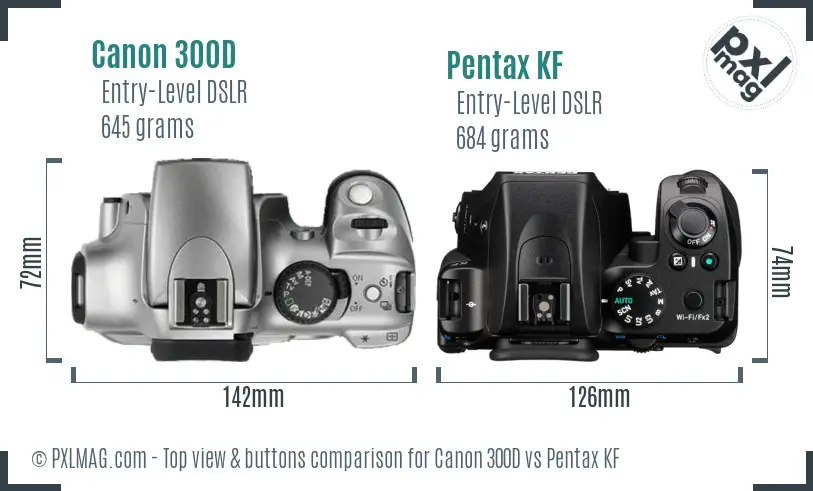 Canon 300D vs Pentax KF top view buttons comparison