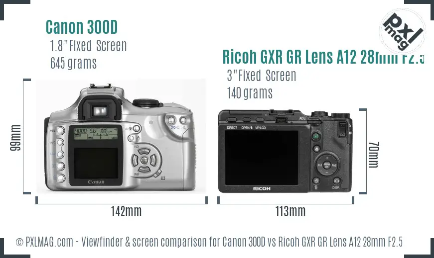 Canon 300D vs Ricoh GXR GR Lens A12 28mm F2.5 Screen and Viewfinder comparison