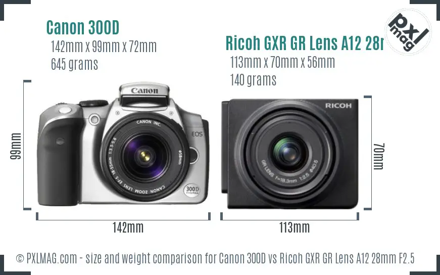 Canon 300D vs Ricoh GXR GR Lens A12 28mm F2.5 size comparison