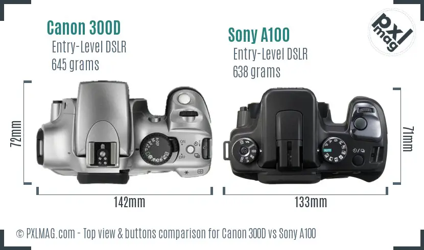 Canon 300D vs Sony A100 top view buttons comparison